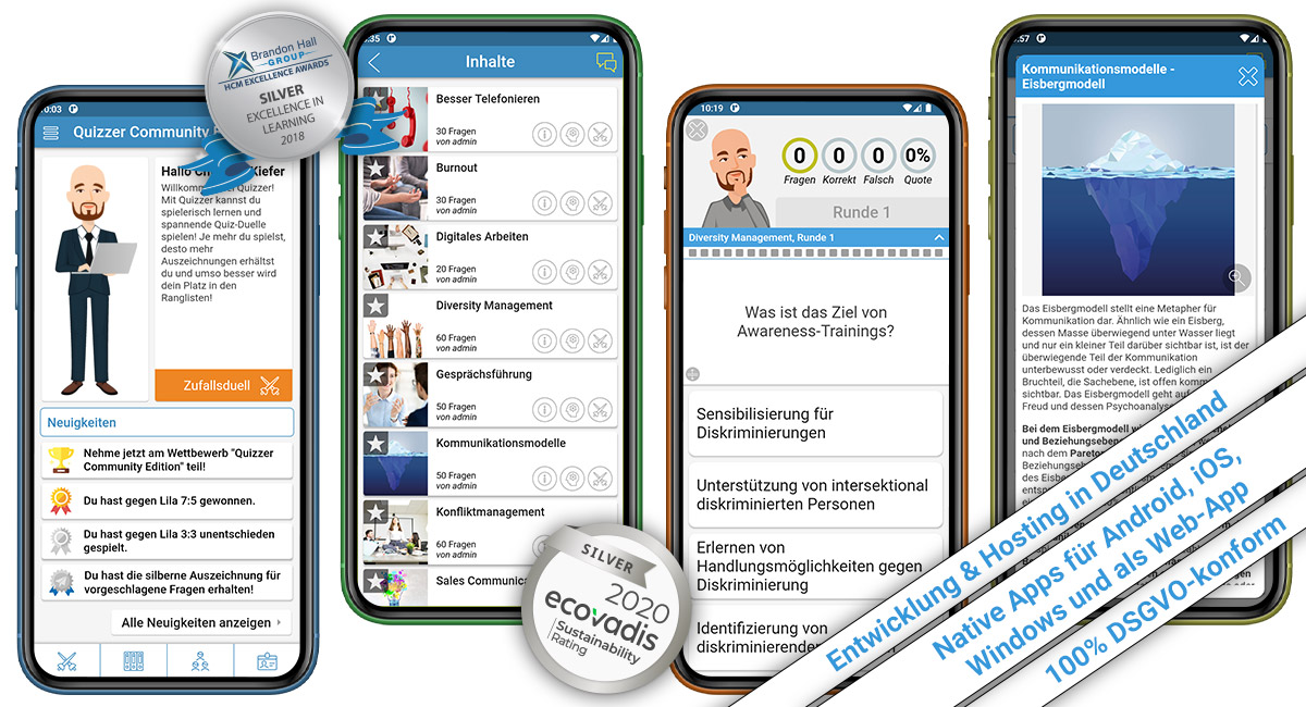 Screenshots der Quizzer App - Mobile Learning mit Quiz
