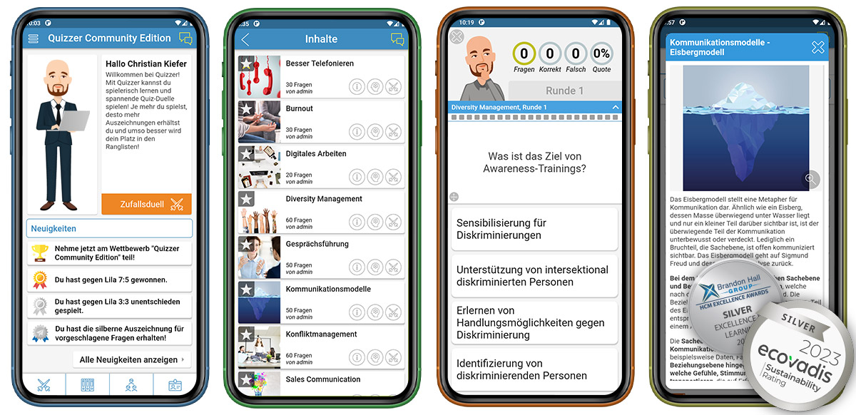Screenshots der Quizzer Quiz-App - Mobile Learning mit Quiz